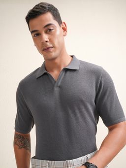 LOCOMOTIVE - Men Grey Relaxed Fit Polo Neck Solid T-shirt