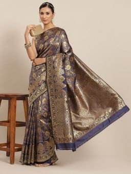 ISHIN - Womens Poly Silk Navy Blue Woven Design Banarasi Saree with Unstitched Blouse