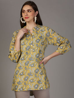 Styli - Womens Yellow Floral Printed High-Low Rayon Tunic