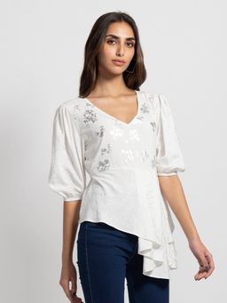 SHAYE - V-neck White Floral Three-Quarter Sleeves Casual Top for Women