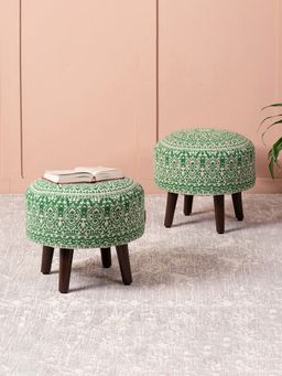 Nestroots - Green Cotton Canvas Wooden Ottoman (Pack of 2)
