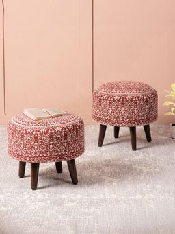 Nestroots - Red Cotton Canvas Wooden Ottoman (Pack of 2)