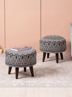 Nestroots - Blue Cotton Canvas Wooden Ottoman (Pack of 2)