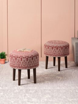 Nestroots - Red Cotton Wooden Ottoman (Pack of 2)