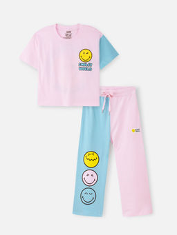 Napchief - Girls Pink Colourblock Heart Smileyworld T-shirt & Pant