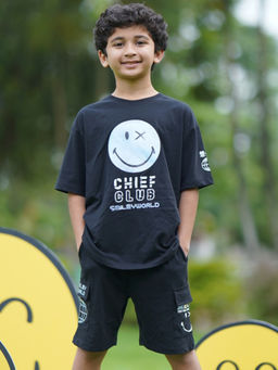 Napchief - Kids Black Meta Smileyworld Chief Club T-shirt & Shorts