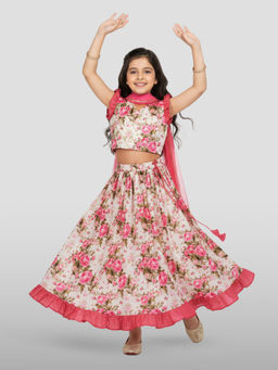 Vastramay - Girls Cream Dupion Silk Lehenga & Choli with Dupatta