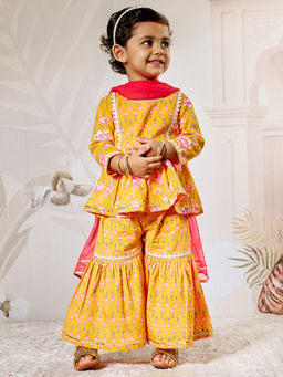 Vastramay - Girls Yellow Floral Cotton Kurta Sharara with Dupatta