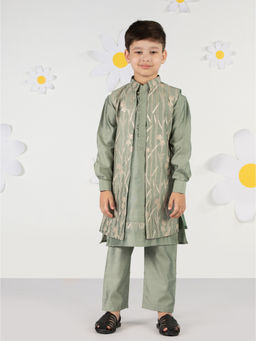 Vastramay - Silk Green Full Sleeves Embroidered Kurta Pant with Jacket