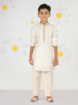 Vastramay - Silk Blend Woven Cream Ethnic Motifs Kurta & Pyjama