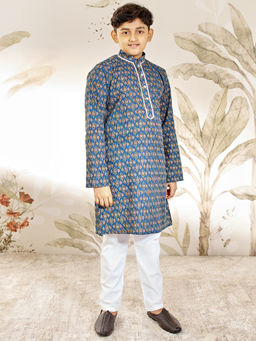 Vastramay - Cotton Blue Kantha Work Printed Kurta & Pyjama