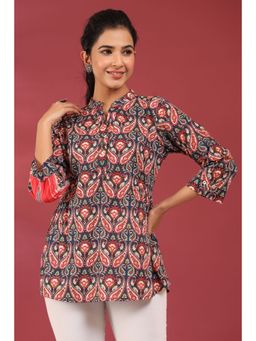 Rain & Rainbow - Women Navy Blue and Red Paisley Printed Pure Cotton Kurti