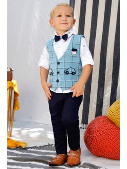 BAD BOYS - Blue Charming Checks Dashing Shirt, Waistcoat, Pant & Bow (Set of 4)