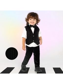 BAD BOYS - Black Velvet Embroidered Waistcoat, Cotton Shirt, Pant & Bow (Set of 4)
