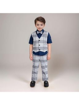 MASHUP - Navy Blue Checkmate Style Checks Waistcoat, Shirt, Pant and Bow Tie (Set of 4)