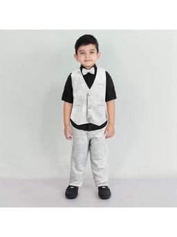 MASHUP - Grey Checkmate Style Dapper Waistcoat, Shirt, Pant and Bow Tie (Set of 4)