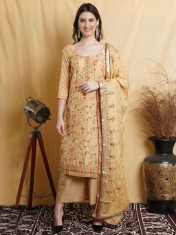 Stylee LIFESTYLE - Beige Silk Blend Embroidered Dress Material (Set of 3)