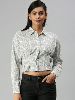 SHOWOFFFF - Women Shirt Collar Typography White Crop Top