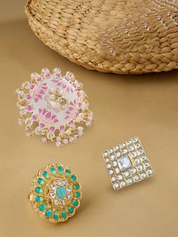 Zaveri Pearls - Set of 3 Multicolor Meenakari Bridal Kundan Rings-ZPFK14513