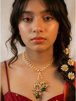Choko - Girls Pearl Beaded Green Pendant Gold Plated Ethnic Statement Necklace (3-12 Years)