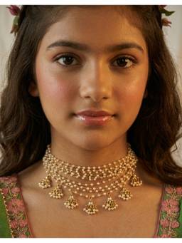Choko - Girls Pearl Beaded Multi Strand Gold Plated Traditional Choker (3-12 Years)