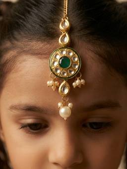 Choko - Gold Plated Green Kundan Pearl Traditional Maang Tikka (3-12 Years)