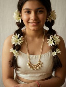 Choko - Girls White Pearl Gold Tone Kundan Pendant Ethnic Traditional Necklace (3-12 Years)
