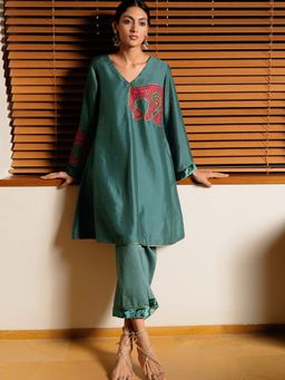Ganga Fashions - Duck Green Raw Silk Kurta with Pant (Set of 2)