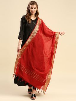 Dupatta Bazaar - Womens Red Silk with Gold Temple Border Dupatta