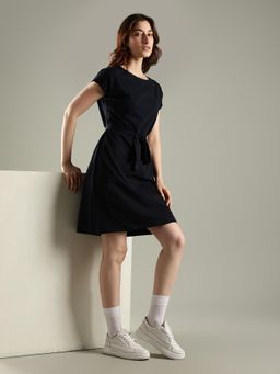 Tommy Hilfiger - Navy Blue Solid A-Line Dress with Belt