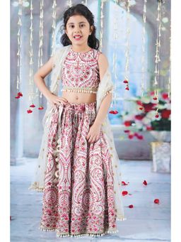 Little Bansi - Girls Cream Mughal Floral Lehenga with Blouse & Dupatta (Set of 3)