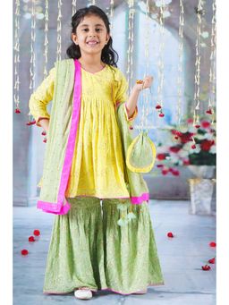 Little Bansi - Girls Angrakha Kurta with Sharara, Dupatta & Potli (Set of 4)
