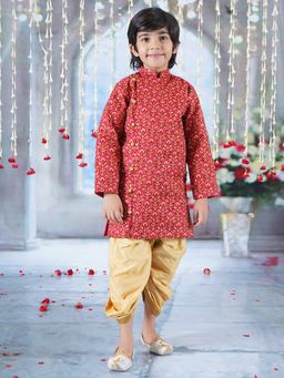 Little Bansi - Boys Bageecha Floral Angrakha Sherwani with Beige Silk Dhoti (Set of 2)
