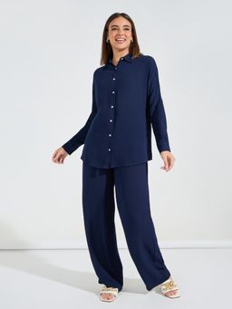 Styli - Women Navy Blue Solid Relaxed Fit Co-Ord Set
