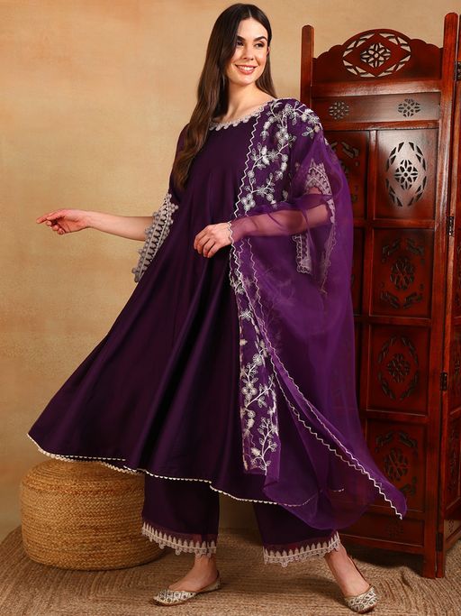 Vaamsi Women Purple Silk Embroidered Anarkali Kurta with Pant and Dupatta (Set of 3)