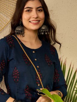 Vaamsi - Women Navy Blue Cotton Blend Ethnic Motifs Printed Regular Tunic