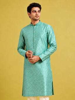 Vastramay - Men Mint Silk Blend Embroidered Knee Length Kurta