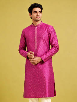 Vastramay - Men Falsa Silk Blend Embroidered Knee Length Kurta