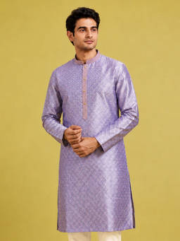 Vastramay - Men Lavender Silk Blend Embroidered Knee Length Kurta