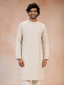 Vastramay - Men Cream Viscose Embroidered Knee Length Kurta