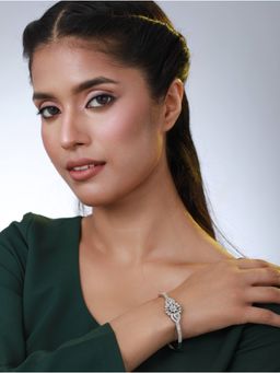 Aatmana - Silver Toned & White AD Handcrafted Silver Plated Floral Bangle Style Bracelet