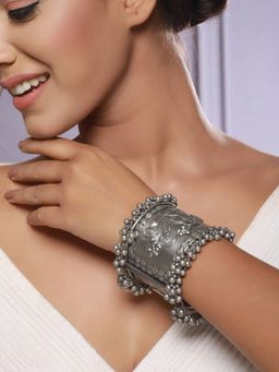 Aatmana - German Silver Oxidised Silver Plated Textured Bangle Style Bracelet