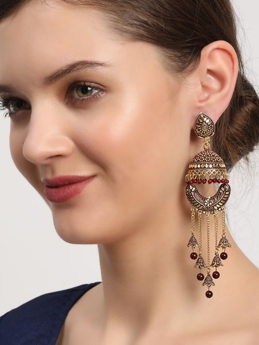 Aatmana Maroon & Gold Plated Enamelled Dome Shaped Jhumkas Earrings