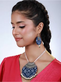 Aatmana - Blue & White Handpainted & Silver Work with White & Green Beads Jewellery Set