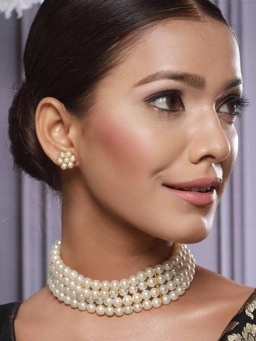 Aatmana White Gold Plated Studded Pearls Jewellery Set
