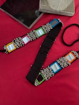 Digital Dress Room - Banjara Kamarbandh Fabric Square Mirror Work and Silver Beads Waist Belt