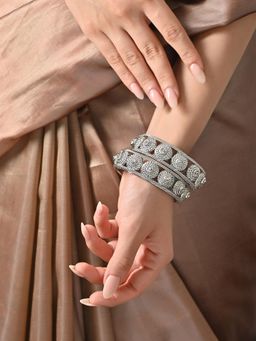 Fida - Set Of 2 Oxidised Silver Plated Floral Bangles(2.8) (Set of 2)