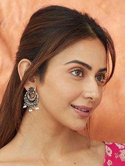 Accessher - Silver Plated Pink Stone Studded Carved Chandbali Style Oxidized Earrings