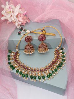 Niscka - 24K Gold Plated Pearl , Ruby and Emerald Necklace Set with Earring (Set of 3)