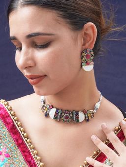 Niscka - Classy Black Polish Multi-Color Kundan Choker Set (Set of 3)